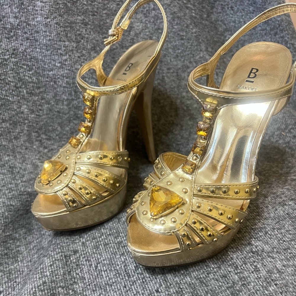 Baker’s 5 inch gold jeweled platform heels